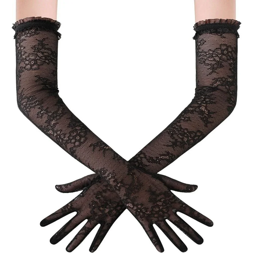 Women's Floral Long Lace Gloves Black Stretchy Elbow Length Elegant Flapper